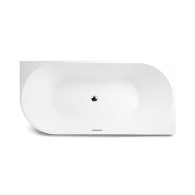 Mat hvidt Back To Wall badekar i akryl med højre model, set ovenfra, med krom pop-up bundventil og overløb i midten af karret.