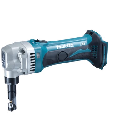 Makita 18V LXT akku pladenipler DJN161Z, med slank ergonomisk form i blå og sort, egnet til 1,6 mm stål.