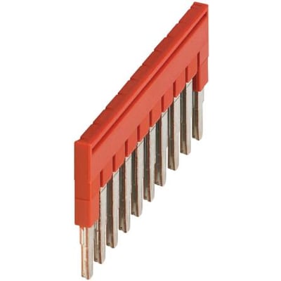 Schneider Electric 10-polet laske til fjederklemme, rød, til 2,5 mm² ledere, viser den røde plastisolering og metalbenene.