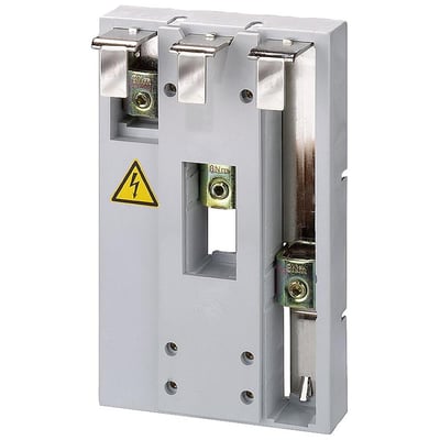 Siemens 8US1 samleskinne til 60mm skinnesystem, lavet af grå plast med metalterminaler og advarselssymbol for elektricitet.