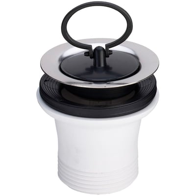 Viega afløb til køkkenvask med sort gummibundprop og løftehåndtag, fremstillet af rustfrit stål og hvid plast.
