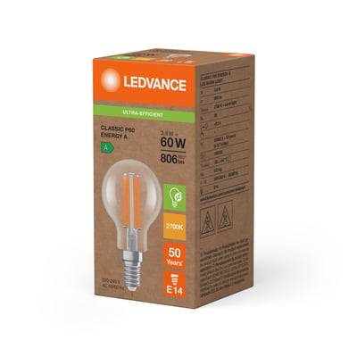 Pakke med Ledvance LED kronepære, viser energiklasse A, 3,8W, 806 lm og E14-fatning på dansk emballage.