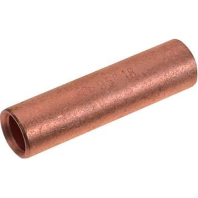 Nærbillede af Elpress 35mm² Cu-pressemuffe med synlig mærkning '95-18', viser den blanke kobberfinish og den koniske ende.