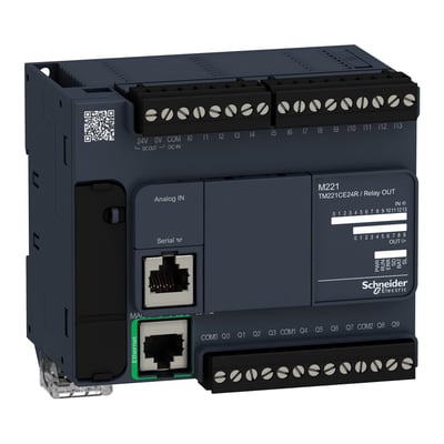 Schneider Electric Modicon M221 PLC med Ethernet og serie porte, viser tydeligt mærkning af digitale ind- og udgange.
