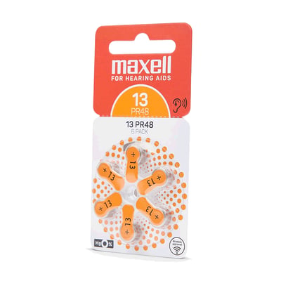 Maxell PR48 (13) orange høreapparatbatterier, pakke med 6 stk., visende seks orange batterier i blisterpakning.