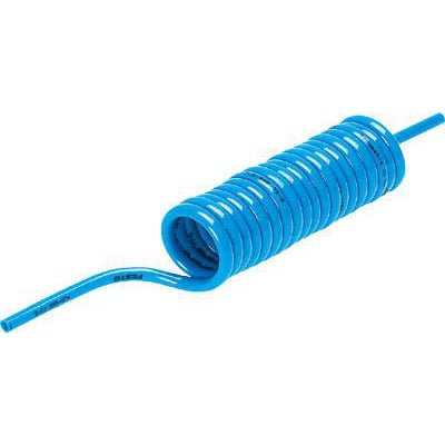 Festo spiralslange PUN 10X1,5 S 2 i blå polyurethanmateriale med synlig produktinformation på den udrullede ende.