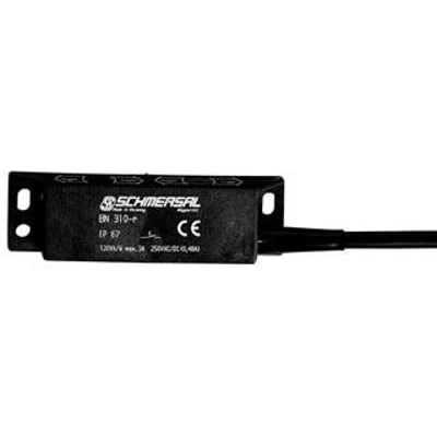 Schmersal Magnetaftaster BN 310-RZ, et berøringsfrit Reed kontakt med fladt design og kabel, måler 88x25x13 mm.