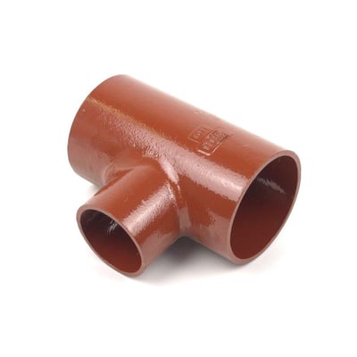 Rødt SML grenrør af støbejern uden muffe, 100-70mm dimension og 88 graders vinkel.