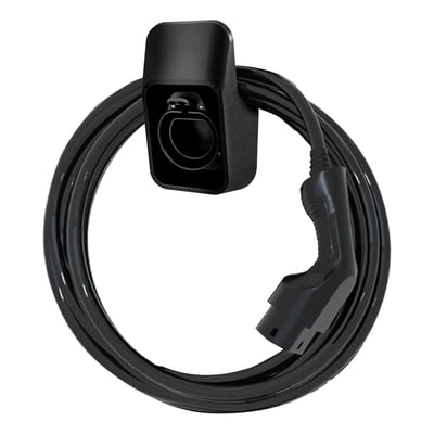Deltaco E-Charge holder til type 2 stik og kabel i sort plast, viser hvordan kabel og stik kan organiseres ved ladestationen.