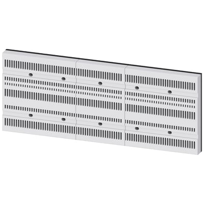 Siemens 8US2-basesystem til busbars med kapacitet på 250 A og bredde på 400 mm, vist som en lang, hvid enhed med rækker af åbninger.
