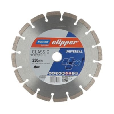 Norton Clipper Classic universal diamantklinge på 230 mm med segmenteret kant og produktmærkat vendt fremad.