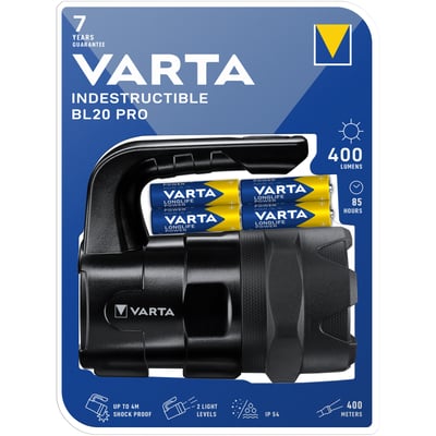 Varta Indestructible BL20 Pro lygte, der ligger på en blå baggrund med overskrifterne Varta og Indestructible BL20 Pro.