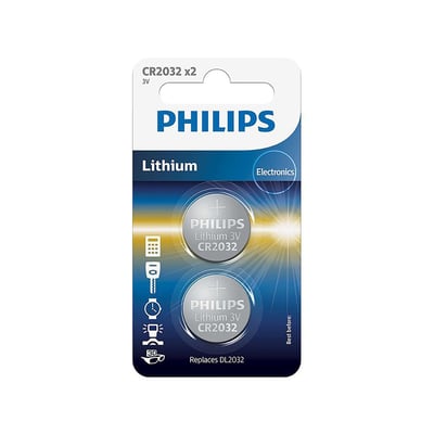 Philips CR2032 lithium knapcellebatteri i 2-pak, der viser to batterier på et blåt, abstrakt baggrund.