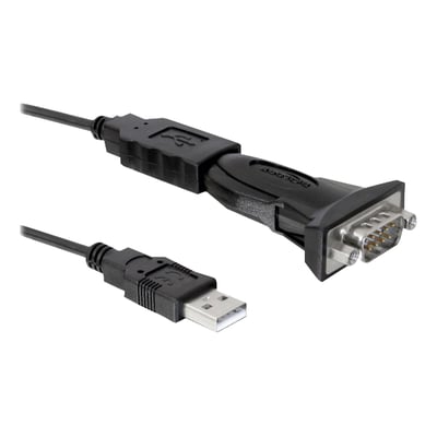 Delock sort USB 2.0-adapter med Type-A-hanstik og DB9-hanstik til RS-232, vist med begge stik.