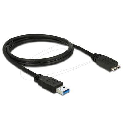 Sort DeLock USB-kabel på 1 meter, oprullet med Type-A-hanstik og Type Micro-B-hanstik, der understøtter 5 Gbps.