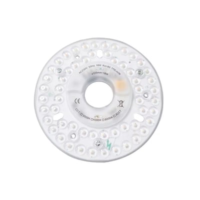 LEDlife 18W LED indsats med linser, ø13cm, viser undersiden med mærkning for 230V, RA80 og 3000K/4000K/6000K CCT.