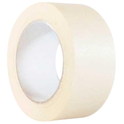 Roliba afdækningstape i standardkvalitet, 50 mm bred og 50 meter lang, med solventbaseret klæbemasse.