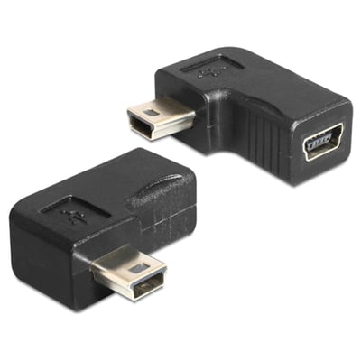 Sort DeLOCK USB-mini B-adapter med 5-pin hanstik og hunstik, vinklet 90°, vist fra to vinkler.