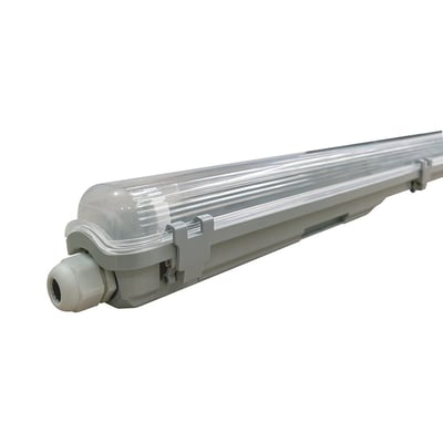 V-TAC T8 LED-armatur til ét 120 cm LED-rør med gennemsigtigt dæksel og kabelindføring i enden.