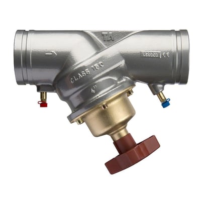 IMI STAG DN 65 strengreguleringsventil med rilleender og 4" mærkning, egnet til 65mm rør og trykmåling.