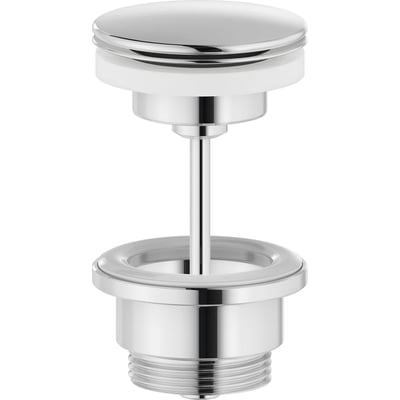 Damixa bundventil i blank krom med push-up funktion, 63 mm diameter og 1 1/4" gevind, fremstillet af messing.