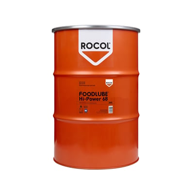 Rocol Foodlube Hi-Power 68 er en 200 liters orange tønde med smøremiddel, godkendt til fødevareindustrien.