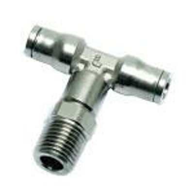 Legris T-stykke fra Parker Hannifin med Ø8 mm rørfitting og 1/4" udvendigt BSPT gevind i kemisk forniklet messing.