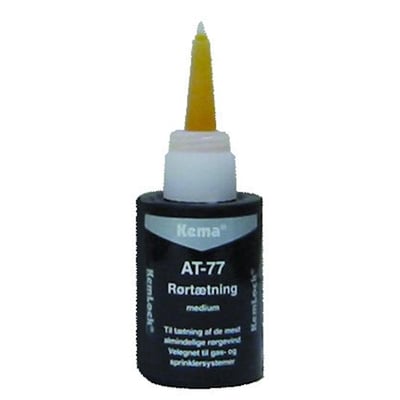 Kema Kemlock AT-77 rørtætning i medium styrke, 50 ml flaske med gul applikator og indhold synligt.