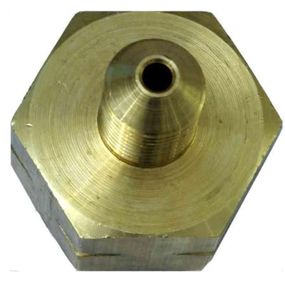 Flaskeadapter uden pakning, NV27 x 25, med sekskantet gylden metalfarvet bund og centralt gevindhul.