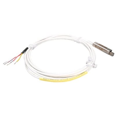 Ebeco PT-100-føler, model ELTF-PTEX.2 med ATEX-godkendelse, kabel i ring og metalføler med synlige ledningsender.