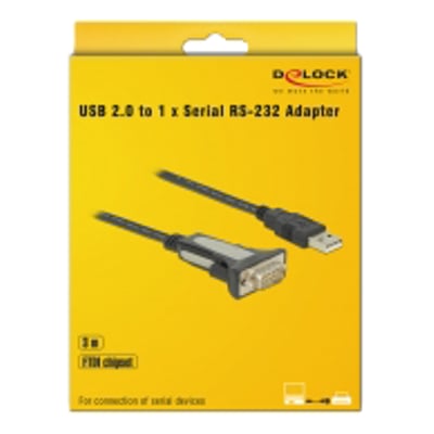 DeLock USB Type-A til seriel RS-232 adapter på 3 meter i gul emballage med produktbilleder og teksten 'USB 2.0 to 1 x Serial RS-232 Adapter'.