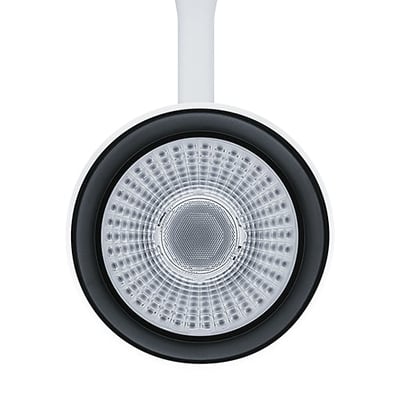 Frontvisning af THORNeco LUCA 3-fasede skinnespot i hvid aluminium med 38° spredning og 3000K LED-lys.