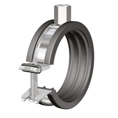 Flamco BSH rørbøjle i M8/10 med lyddæmpende gummibånd til 75-80 mm rør, vist isoleret på hvid baggrund.