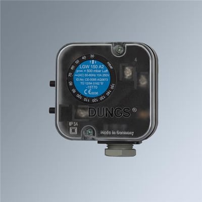 Pressostat Dungs LGW 50A2, 250-5000 PA med tydelig mærkat og trykskala fra 0 til 150 mbar.