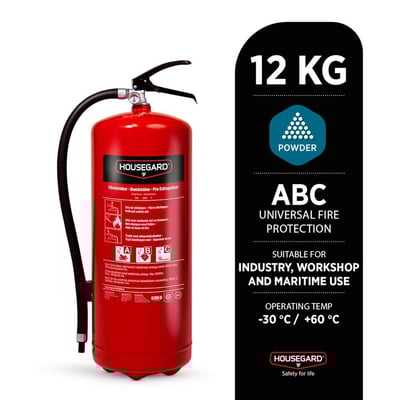 Housegard 12 kg pulverslukker vist med tekst der angiver '12 KG', 'POWDER', 'ABC UNIVERSAL FIRE PROTECTION' og 'SUITABLE FOR INDUSTRY, WORKSHOP AND MARITIME USE'.