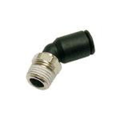 Parker Vinkel 45° med 10mm diameter og R3/8 udvendigt BSPT gevind, fremstillet i sort technical polymer.