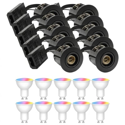 LEDlife Inno88 sorte WiFi-indbygningsspots med GU10 Smart Home-pærer, der viser farvet RGB-lys.