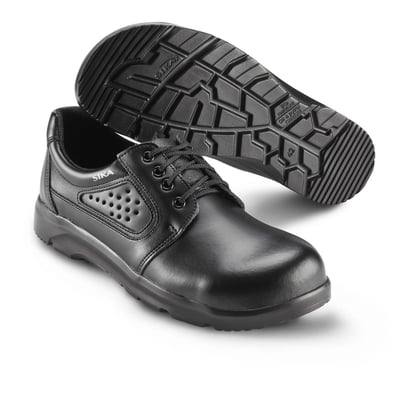 Sika Footwear Optimax snøresko i sort læder, str. 43, vist fra siden med fokus på den skridhæmmende ydersål.