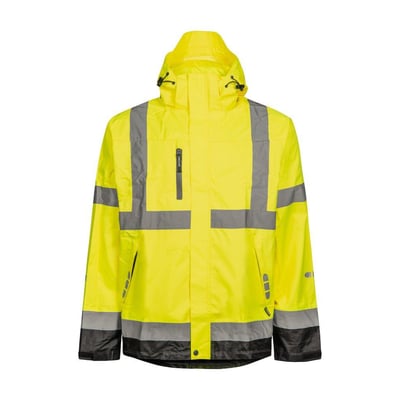 Lyngsøe Rainwear skaljakke FOX6055 i hi-vis gul med sorte detaljer og reflekser, størrelse 2XL.