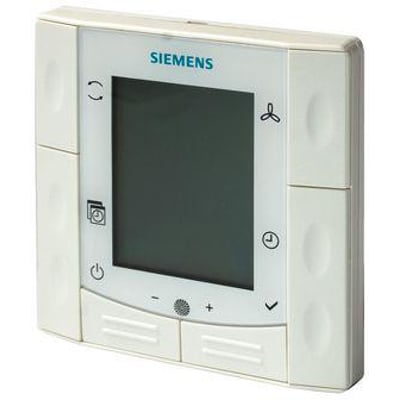 Siemens RDF600T rumregulator med LCD display og knapper til temperaturregulering, ventilatortrin og urfunktion.