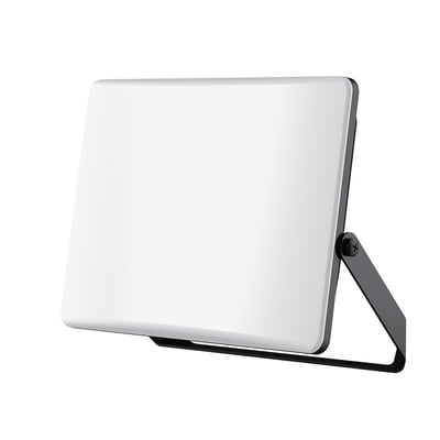 V-TAC 100W LED projektør med et slankt design og et mælkehvidt PC-dæksel, monteret på en sort vinkelarm med hvid baggrund.