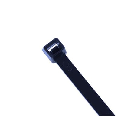 Sort kabelbinder på 7,6x450 mm vist med låsemekanisme og spids ende på hvid baggrund.
