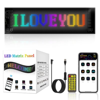 Fleksibelt pixel matrix panel 16x64 viser 'I LOVE YOU' i mange farver, inkluderer USB-kabel og fjernbetjening.
