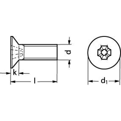 Teknisk tegning af M5X8 DIN 965/ISO 14581 undersænket maskinskrue i A2 rustfrit stål med Pozidriv kærv og dimensioner markeret.