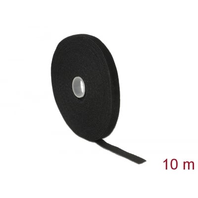 Sort DeLock-burrebånd på rulle med en løs ende synlig, 10 meter langt og 13 mm bredt.