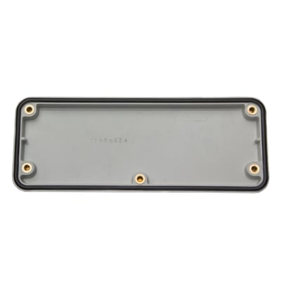 Bagside af Fibox blindflange type 300, viser grå PE-materiale med tætningsliste og monteringshuller med messingindsats.