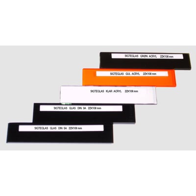 Fem sigteglas stablet, hvoraf det midterste er klart akryl 22x108 mm, omgivet af andre farver og glasversioner.