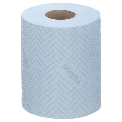 Kimberly-Clark Wypall L10 mini håndklæderulle i lyseblå med 1-lags papir og et mønster af overlappende linjer.