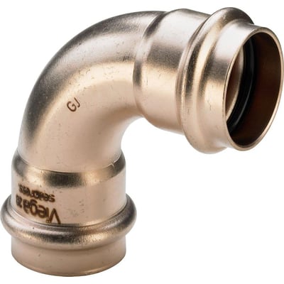Viega 28 mm Seapress 90° presbøjning med muffe/muffe i CuNi10Fe1,6Mn legering.