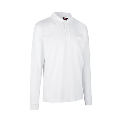 ID Identity poloshirt LÆ i hvid med lange ærmer, brystlomme og tre knapper, fremstillet i slidstærkt forkrympet materiale.